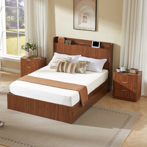 English Elm Full Size Montessori Pine Floor Bed with Guardrails Open Cubbies and Access Door Walnut MDF W5767S00001