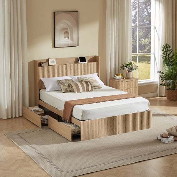 English Elm Queen Platform Bed Fluted Headboard Four Storage Drawers Built-In Charging Wood Grain W5767S00002