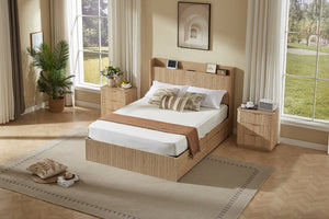 English Elm Queen Platform Bed Fluted Headboard Four Storage Drawers Built-In Charging Wood Grain W5767S00002