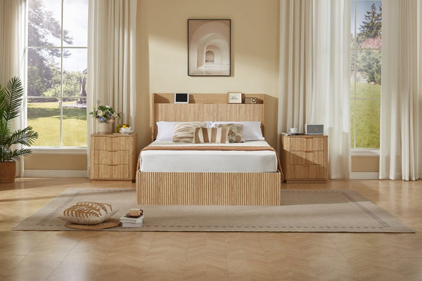 English Elm Queen Platform Bed Fluted Headboard Four Storage Drawers Built-In Charging Wood Grain W5767S00002