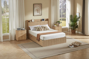 English Elm Queen Platform Bed Fluted Headboard Four Storage Drawers Built-In Charging Wood Grain W5767S00002