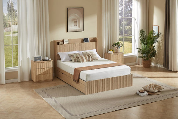English Elm Queen Platform Bed Fluted Headboard Four Storage Drawers Built-In Charging Wood Grain W5767S00002