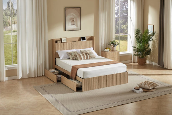 English Elm Queen Platform Bed Fluted Headboard Four Storage Drawers Built-In Charging Wood Grain W5767S00002