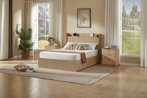 English Elm Queen Platform Bed Fluted Headboard Four Storage Drawers Built-In Charging Wood Grain W5767S00002