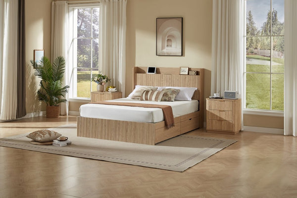 English Elm Queen Platform Bed Fluted Headboard Four Storage Drawers Built-In Charging Wood Grain W5767S00002