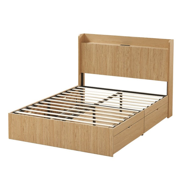 English Elm Queen Platform Bed Fluted Headboard Four Storage Drawers Built-In Charging Wood Grain W5767S00002
