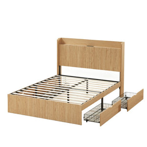 English Elm Queen Platform Bed Fluted Headboard Four Storage Drawers Built-In Charging Wood Grain W5767S00002