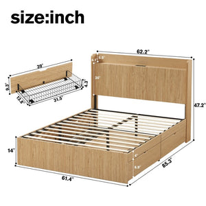 English Elm Queen Platform Bed Fluted Headboard Four Storage Drawers Built-In Charging Wood Grain W5767S00002