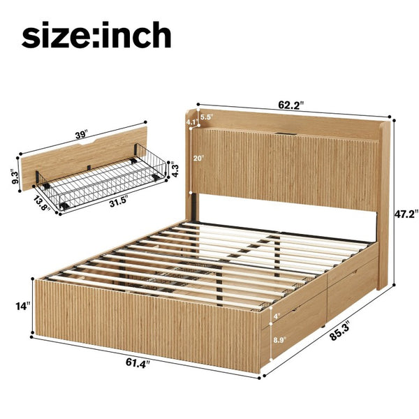 English Elm Queen Platform Bed Fluted Headboard Four Storage Drawers Built-In Charging Wood Grain W5767S00002