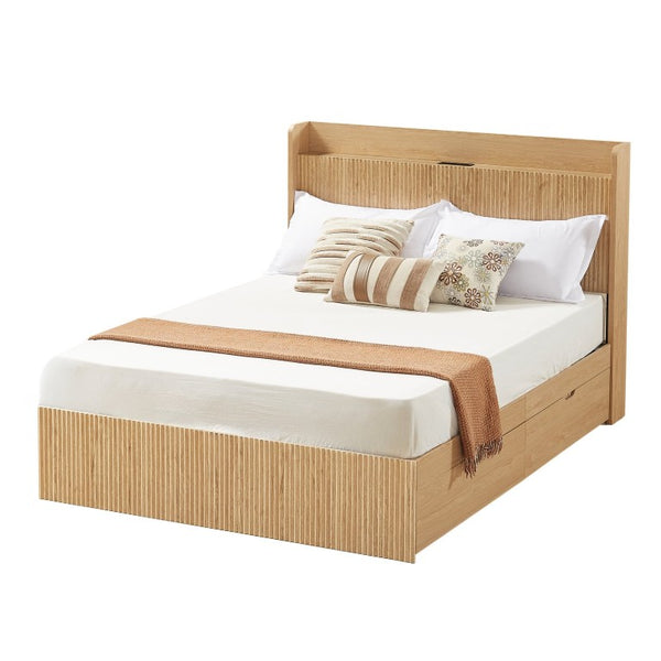 English Elm Queen Platform Bed Fluted Headboard Four Storage Drawers Built-In Charging Wood Grain W5767S00002