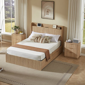 English Elm Queen Platform Bed Fluted Headboard Four Storage Drawers Built-In Charging Wood Grain W5767S00002