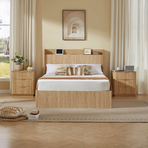 English Elm Queen Platform Bed Fluted Headboard Four Storage Drawers Built-In Charging Wood Grain W5767S00002