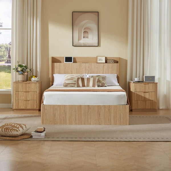 English Elm Queen Platform Bed Fluted Headboard Four Storage Drawers Built-In Charging Wood Grain W5767S00002