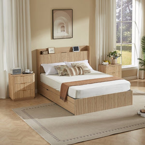 English Elm Queen Platform Bed Fluted Headboard Four Storage Drawers Built-In Charging Wood Grain W5767S00002
