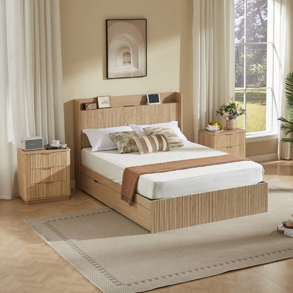 English Elm Queen Platform Bed Fluted Headboard Four Storage Drawers Built-In Charging Wood Grain W5767S00002
