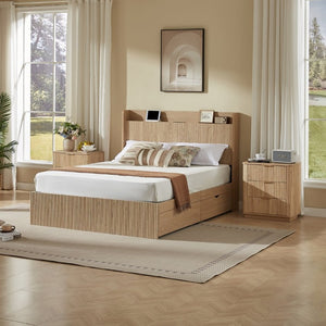 English Elm Queen Platform Bed Fluted Headboard Four Storage Drawers Built-In Charging Wood Grain W5767S00002