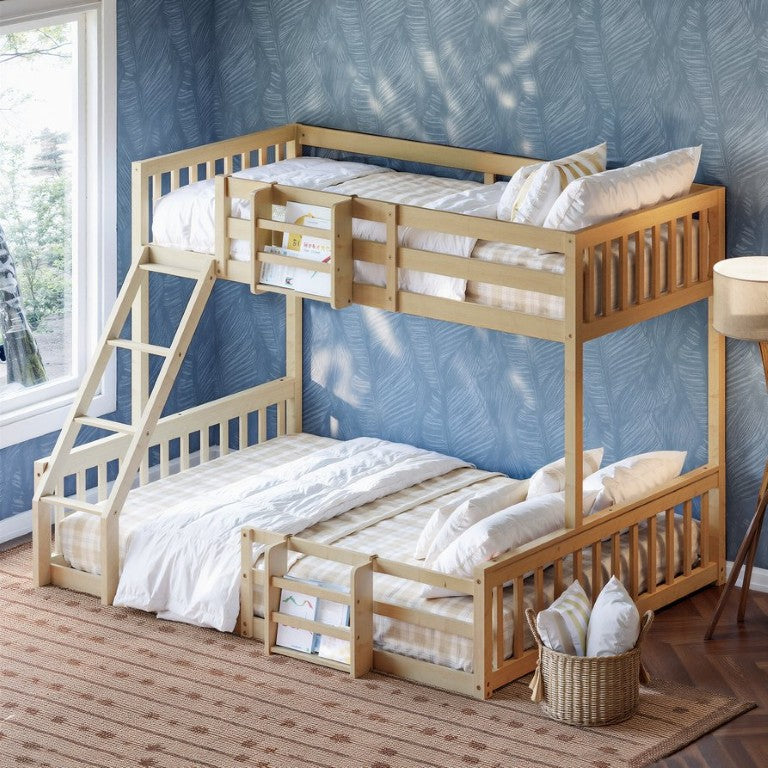 English Elm Twin Over Full Solid Pine Bunk Bed with Built-In Bookshelf and Safety Guardrails Natural W5767S00006