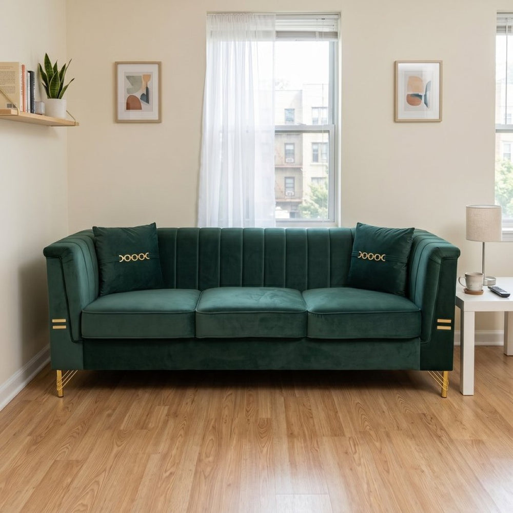 English Elm Fx-p82b-be Velvet Channel Tufted 3 Seater Sofa with Chesterfield Inspired Plush Cushioning Green W576P452397