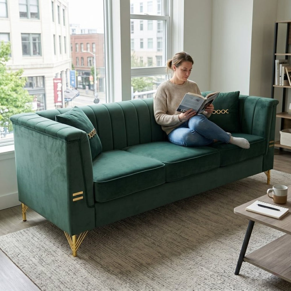 English Elm Fx-p82b-be Velvet Channel Tufted 3 Seater Sofa with Chesterfield Inspired Plush Cushioning Green W576P452397