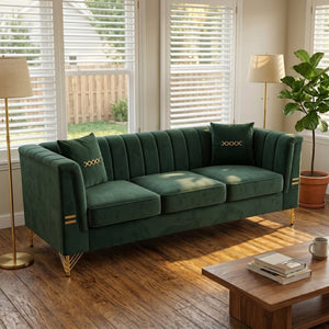 English Elm Fx-p82b-be Velvet Channel Tufted 3 Seater Sofa with Chesterfield Inspired Plush Cushioning Green W576P452397