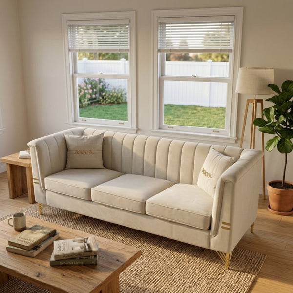 English Elm Fx-p82b-be Velvet Channel Tufted 3 Seater Sofa with Chesterfield Inspired Plush Cushioning Beige W576P452399
