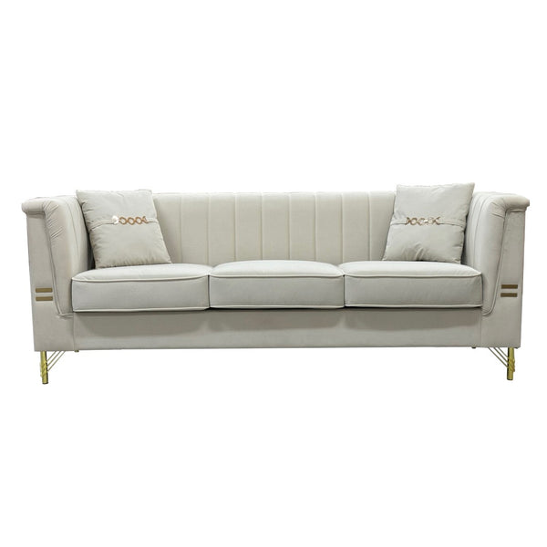 English Elm Fx-p82b-be Velvet Channel Tufted 3 Seater Sofa with Chesterfield Inspired Plush Cushioning Beige W576P452399