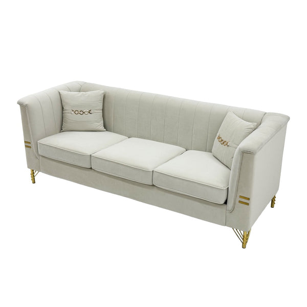 English Elm Fx-p82b-be Velvet Channel Tufted 3 Seater Sofa with Chesterfield Inspired Plush Cushioning Beige W576P452399