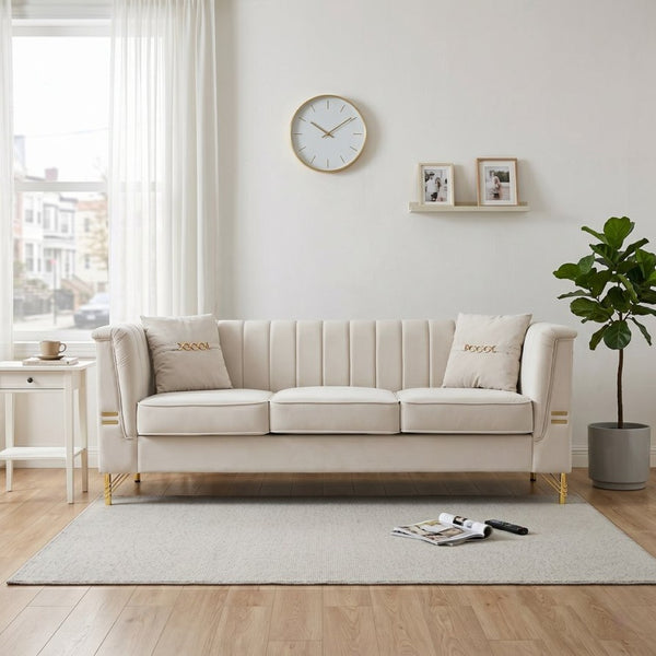 English Elm Fx-p82b-be Velvet Channel Tufted 3 Seater Sofa with Chesterfield Inspired Plush Cushioning Beige W576P452399