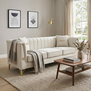 English Elm Fx-p82b-be Velvet Channel Tufted 3 Seater Sofa with Chesterfield Inspired Plush Cushioning Beige W576P452399