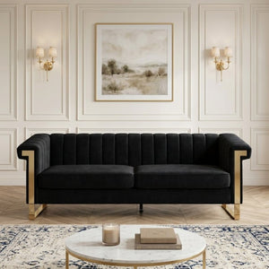 English Elm Fx-P81b-Rg Channel Tufted Velvet Sofa with Gold Legs Mid Century Three Seat Black W576P495701