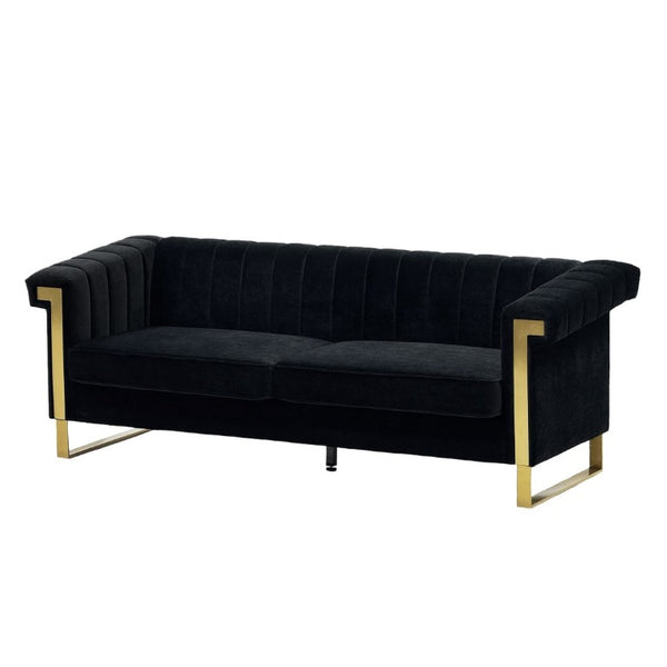 English Elm Fx-P81b-Rg Channel Tufted Velvet Sofa with Gold Legs Mid Century Three Seat Black W576P495701