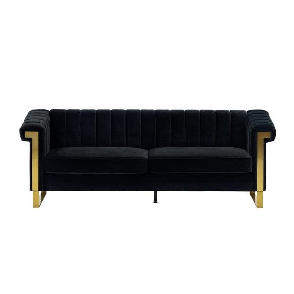 English Elm Fx-P81b-Rg Channel Tufted Velvet Sofa with Gold Legs Mid Century Three Seat Black W576P495701
