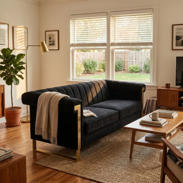 English Elm Fx-P81b-Rg Channel Tufted Velvet Sofa with Gold Legs Mid Century Three Seat Black W576P495701