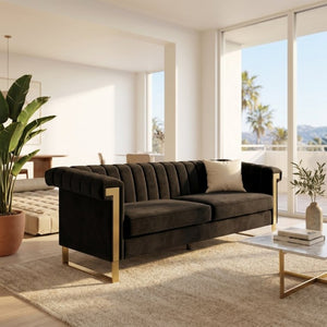 English Elm Fx-P81b-Rg Channel Tufted Velvet Sofa with Gold Legs Mid Century Three Seat Black W576P495701