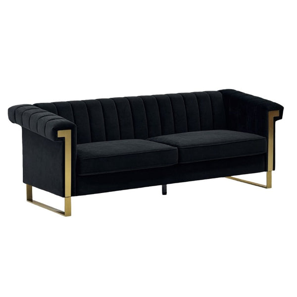 English Elm Fx-P81b-Rg Channel Tufted Velvet Sofa with Gold Legs Mid Century Three Seat Black W576P495701