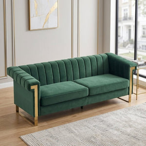 English Elm Fx-P81b-Rg Channel Tufted Velvet Sofa with Gold Legs Mid Century Three Seat Retro Green W576P507386