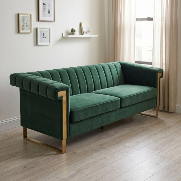 English Elm Fx-P81b-Rg Channel Tufted Velvet Sofa with Gold Legs Mid Century Three Seat Retro Green W576P507386