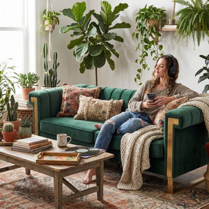 English Elm Fx-P81b-Rg Channel Tufted Velvet Sofa with Gold Legs Mid Century Three Seat Retro Green W576P507386