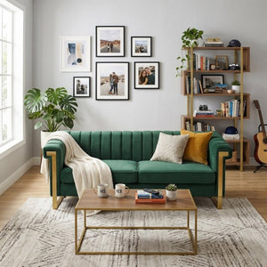 English Elm Fx-P81b-Rg Channel Tufted Velvet Sofa with Gold Legs Mid Century Three Seat Retro Green W576P507386