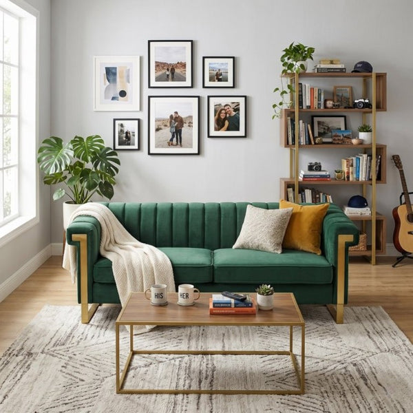 English Elm Fx-P81b-Rg Channel Tufted Velvet Sofa with Gold Legs Mid Century Three Seat Retro Green W576P507386