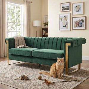 English Elm Fx-P81b-Rg Channel Tufted Velvet Sofa with Gold Legs Mid Century Three Seat Retro Green W576P507386