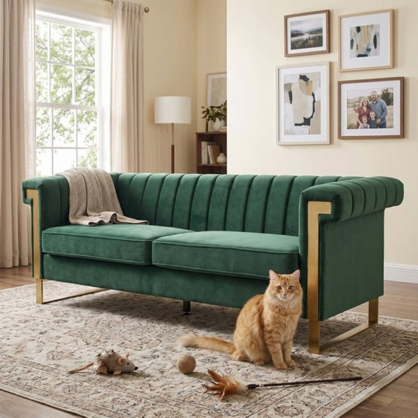 English Elm Fx-P81b-Rg Channel Tufted Velvet Sofa with Gold Legs Mid Century Three Seat Retro Green W576P507386
