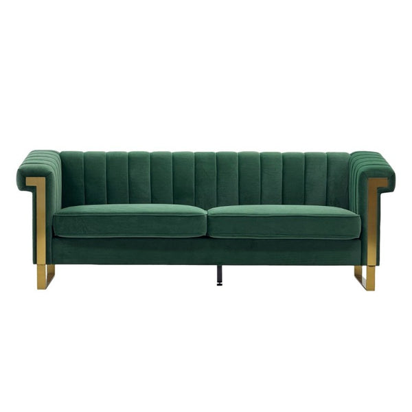 English Elm Fx-P81b-Rg Channel Tufted Velvet Sofa with Gold Legs Mid Century Three Seat Retro Green W576P507386