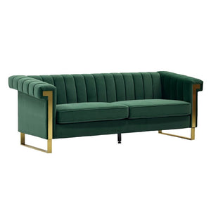 English Elm Fx-P81b-Rg Channel Tufted Velvet Sofa with Gold Legs Mid Century Three Seat Retro Green W576P507386