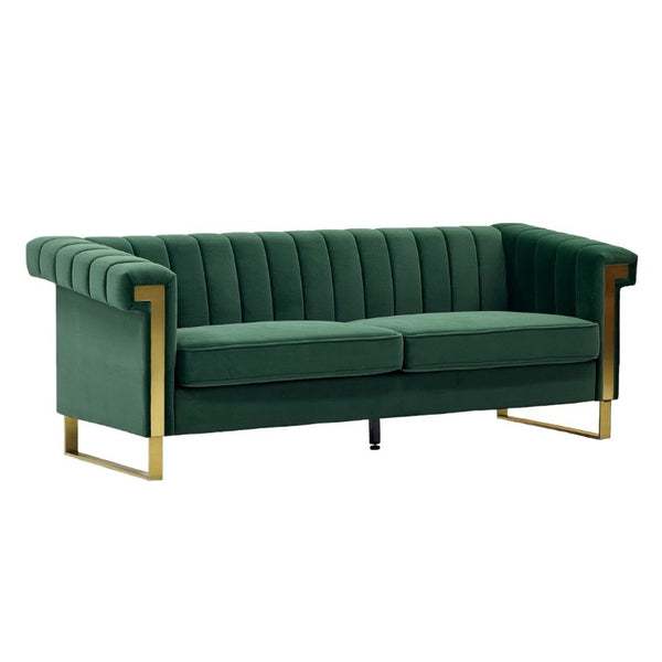 English Elm Fx-P81b-Rg Channel Tufted Velvet Sofa with Gold Legs Mid Century Three Seat Retro Green W576P507386