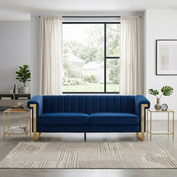English Elm Fx-p81b-cw Black Velvet Sofa with Channel Tufting Gold Legs Glam Living Room Blue W576P507417