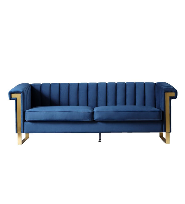 English Elm Fx-p81b-cw Black Velvet Sofa with Channel Tufting Gold Legs Glam Living Room Blue W576P507417