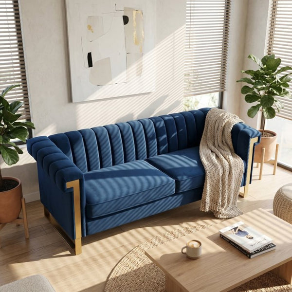 English Elm Fx-p81b-cw Black Velvet Sofa with Channel Tufting Gold Legs Glam Living Room Blue W576P507417