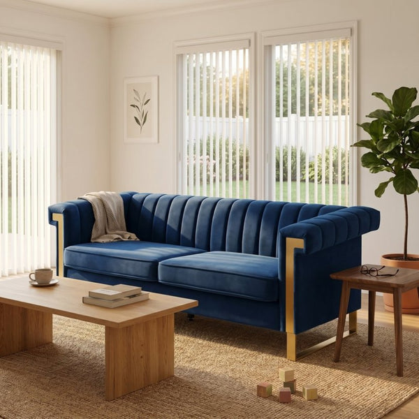 English Elm Fx-p81b-cw Black Velvet Sofa with Channel Tufting Gold Legs Glam Living Room Blue W576P507417