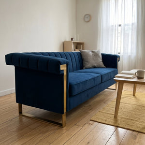 English Elm Fx-p81b-cw Black Velvet Sofa with Channel Tufting Gold Legs Glam Living Room Blue W576P507417